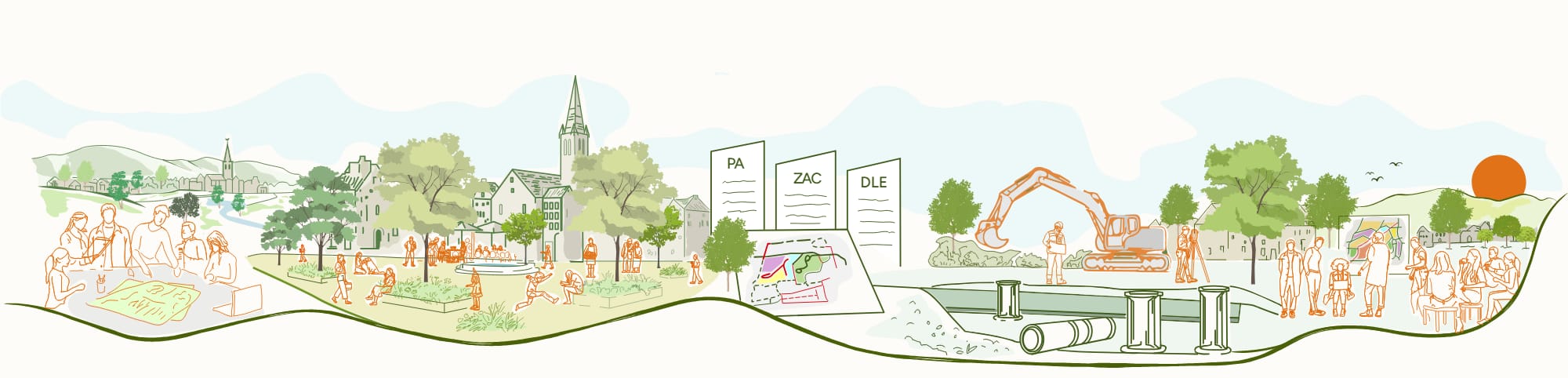Un paysage dessiné où l’on voit, de gauche à droite, un atelier de concertation, une place de village, des dossiers réglementaires, un chantier de réseaux et une réunion publique